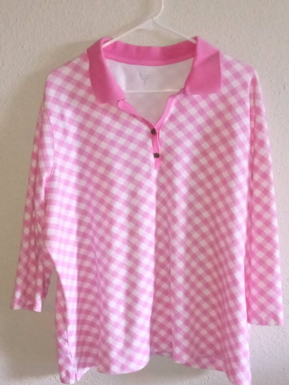 Perfectly Soft Pink Women's 100% Cotton Polo Top 3/4 Sleeve Collar Neckline - Picture 2 of 13